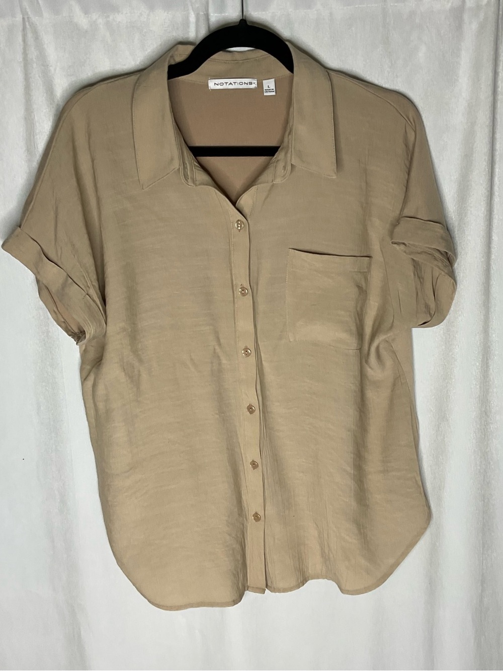 Notations Short Sleeve Button Up Tan Top Blouse Size Large
